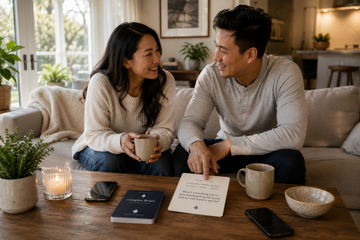 A couple sharing a relaxed daytime conversation over coffee with the Couples Reset guide open on the table between them.