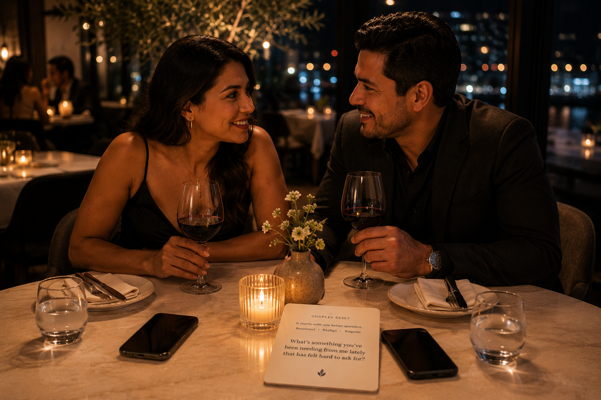 A couple enjoying a candlelit dinner while reflecting together with the Couples Reset guide.