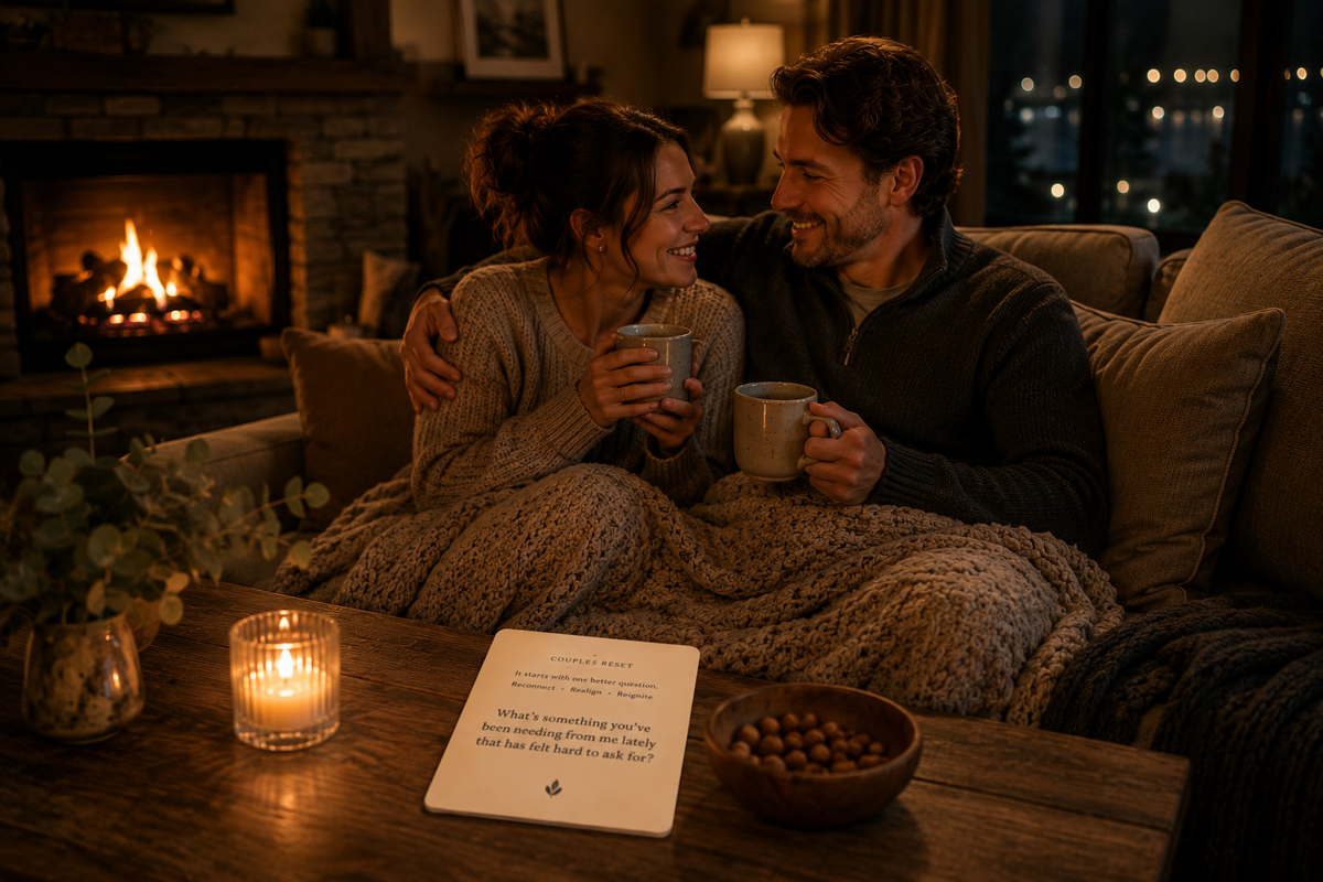 A couple relaxing beside a fireplace with warm drinks and the Couples Reset guide nearby, creating space for a meaningful conversation.