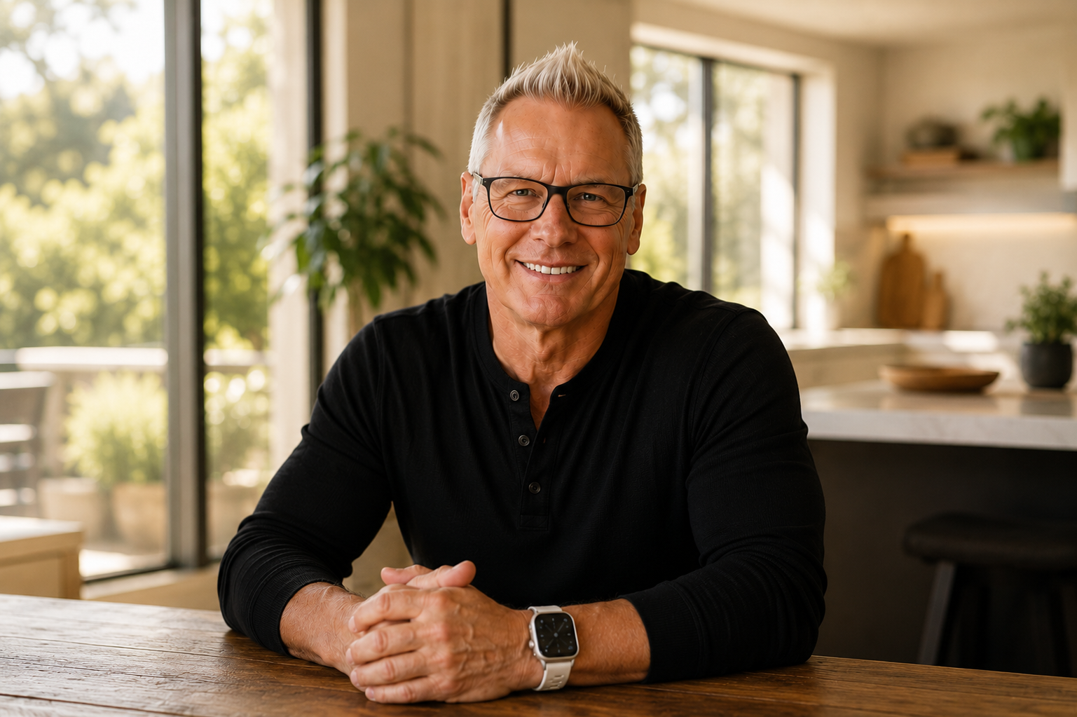 Coach Ingo seated at a kitchen table in warm daylight, hands folded, looking toward the reader.