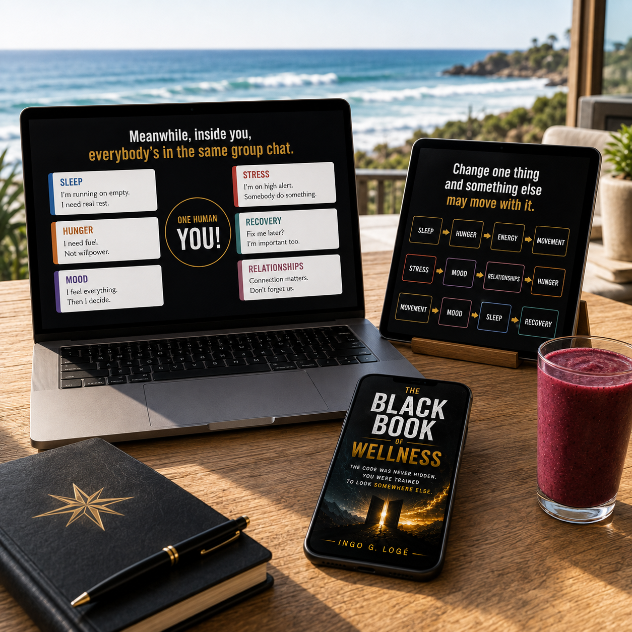 The Black Book of Wellness digital edition shown on a laptop, tablet and phone.